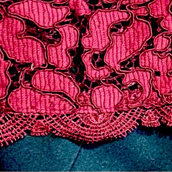 Harlyn Cap Sleeve Front Keyhole & Open Back Embroidered Lace Gown in Pomegranate - Picture 13 of 13